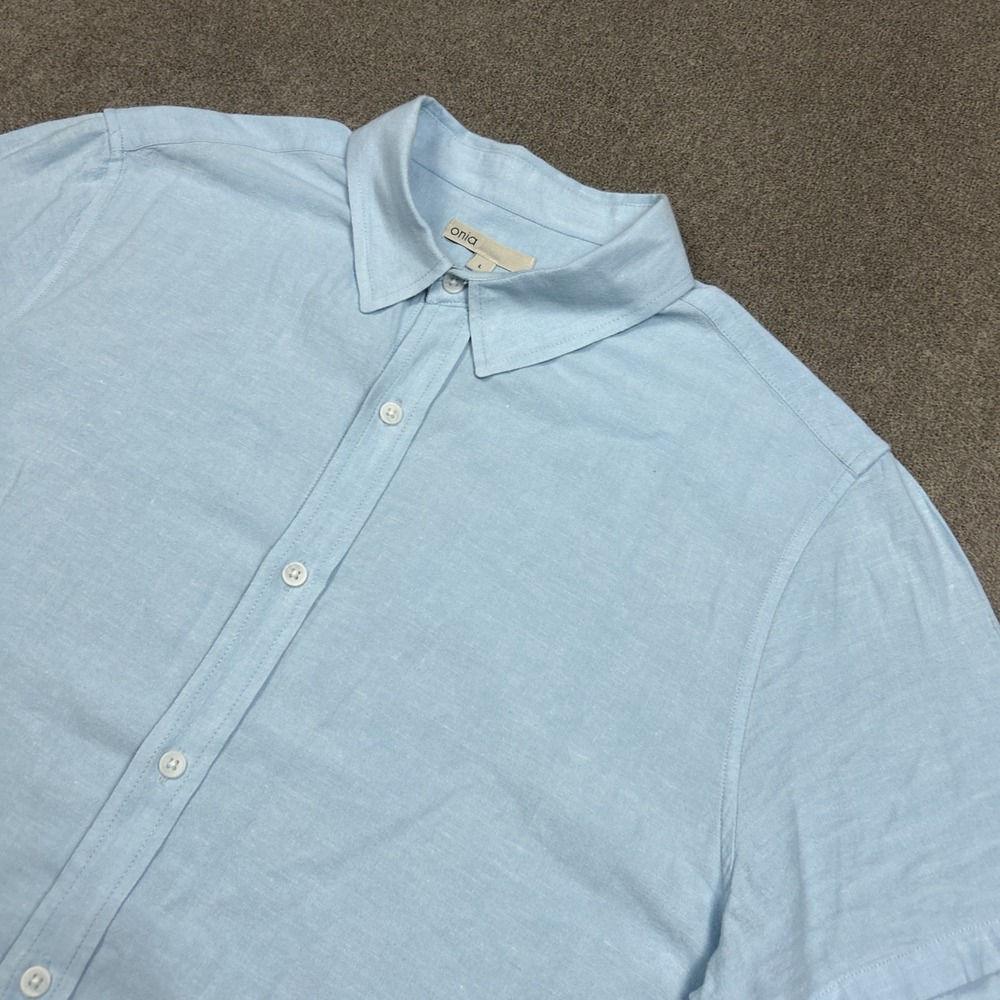 Onia Shirt Mens Large Linen Blend Button Up Short Sleeve Blue Summer Casual